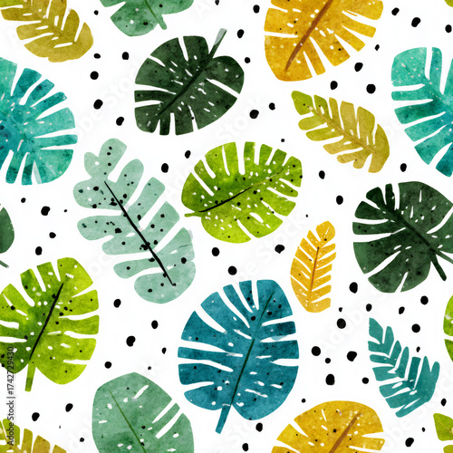 Watercolor tropical leaves pattern with abstract black spots on white background for summer theme and design element