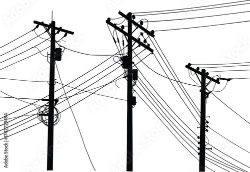 Silhouette utility poles with transformers, insulators, crossarms, crisscrossed power lines, electrical infrastructure, energy distribution, telecommunications network, urban electricity system