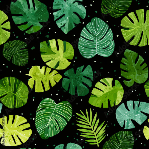 Watercolor tropical leaf dark background with jungle foliage. Green palm monster leaf seamless pattern for home decor print fabric postcard.