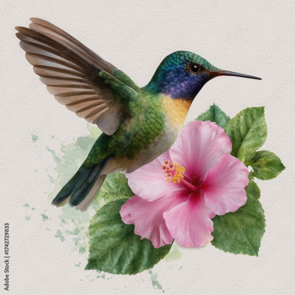 Naklejka premium Green hummingbird with purple neck near pink hibiscus on textured background