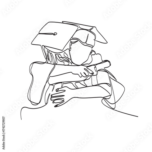Continuous Line Drawing of the back view of two people hugging to celebrate their graduation
