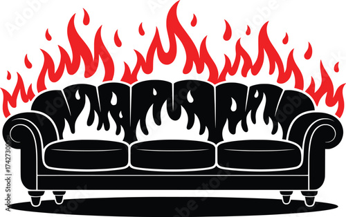 Burning Sofa with Flames Vector Illustration.