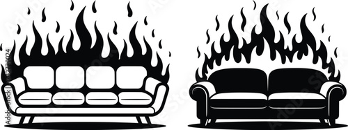 Burning Sofa with Flames Vector Illustration Set.