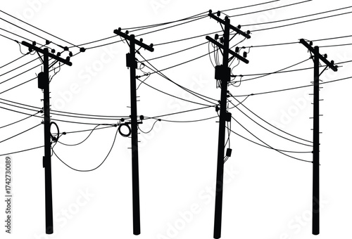 Silhouette utility poles with transformers, insulators, junction boxes, crisscrossed power lines, electrical infrastructure, energy distribution, telecommunications network, urban electricity system