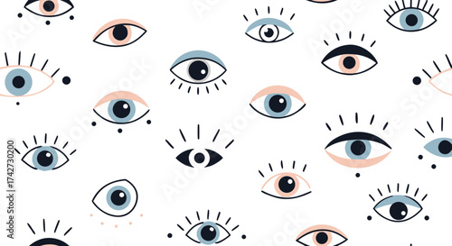 An abstract pattern of many eyes staring in different directions with diverse sizes and colors

