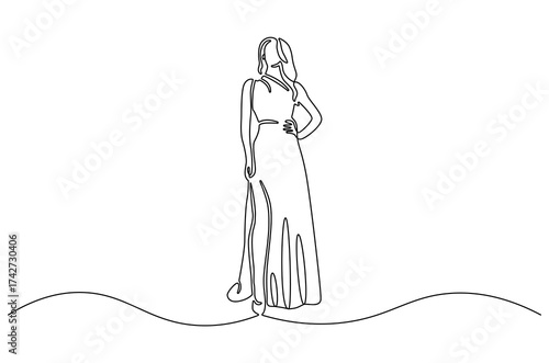 Continuous one line drawing of Woman with dress. Single line drawing illustration of Woman with beautiful dress. Modeling photo concept vector art. Doodle line illustration.