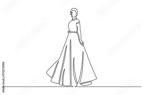 Continuous one line drawing of Woman with dress. Single line drawing illustration of Woman with beautiful dress. Modeling photo concept vector art. Doodle line illustration.