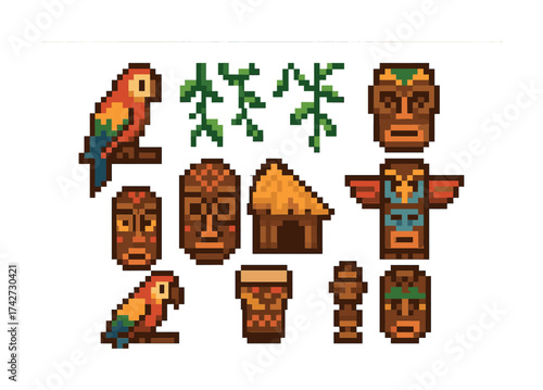 Vector Colorful pixel art jungle decorations with masks, parrots, and totems