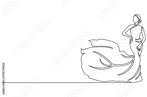 Continuous one line drawing of Woman with dress. Single line drawing illustration of Woman with beautiful dress. Modeling photo concept vector art. Doodle line illustration.