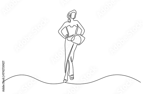 Continuous one line drawing of Woman with dress. Single line drawing illustration of Woman with beautiful dress. Modeling photo concept vector art. Doodle line illustration.