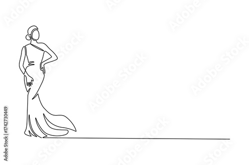 Continuous one line drawing of Woman with dress. Single line drawing illustration of Woman with beautiful dress. Modeling photo concept vector art. Doodle line illustration.