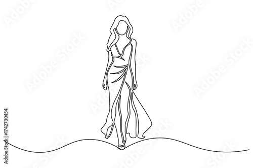 Continuous one line drawing of Woman with dress. Single line drawing illustration of Woman with beautiful dress. Modeling photo concept vector art. Doodle line illustration.