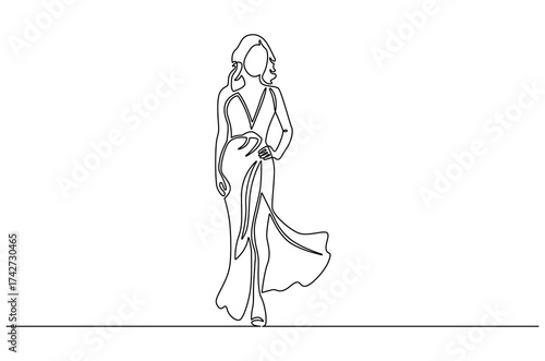 Continuous one line drawing of Woman with dress. Single line drawing illustration of Woman with beautiful dress. Modeling photo concept vector art. Doodle line illustration.