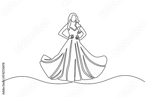 Continuous one line drawing of Woman with dress. Single line drawing illustration of Woman with beautiful dress. Modeling photo concept vector art. Doodle line illustration.