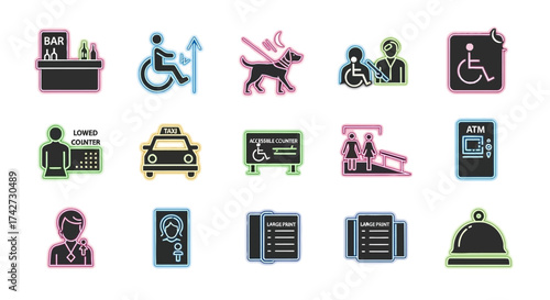 Accessibility and assistance icons representing various services and facilities.