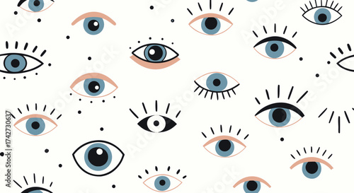 An abstract pattern of many eyes staring in different directions with diverse sizes and colors

