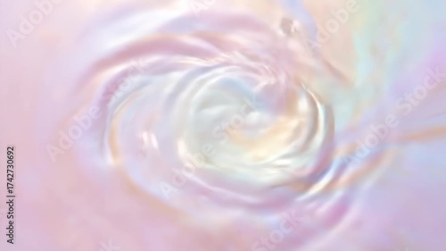 White liquid stream flows into a pastel iridescent swirling pool creating a dreamy and magical abstract background.