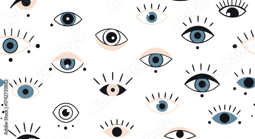 An abstract pattern of many eyes staring in different directions with diverse sizes and colors

