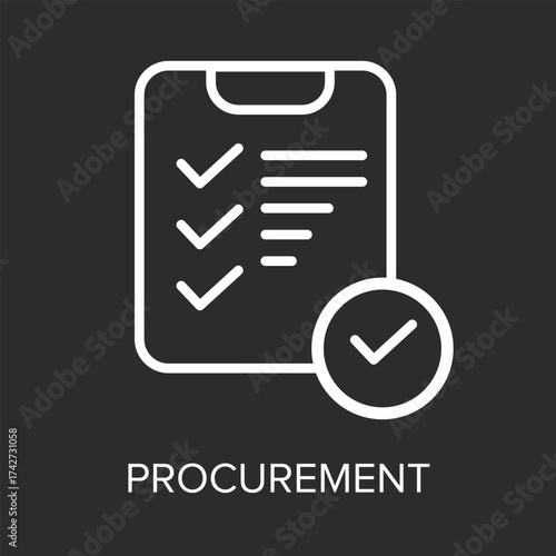 Procurement Checklist Icon with Approval Tick with black and white background – Purchase Management and Supply Chain Concept Illustration, Procurement Management Icon – Purchase Order and Supply Chain