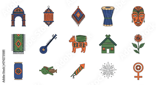 Collection of diverse cultural icons and symbols representing various aspects of life.