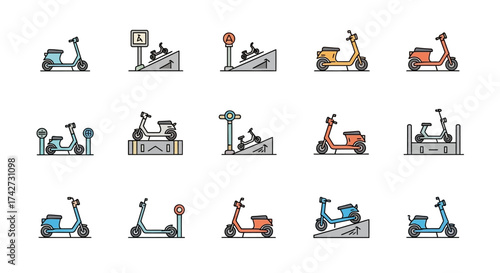 Collection of Electric Scooters and Mopeds in Various Scenarios.