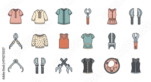 Collection of Fashionable Garments and Mechanical Tools Illustration.
