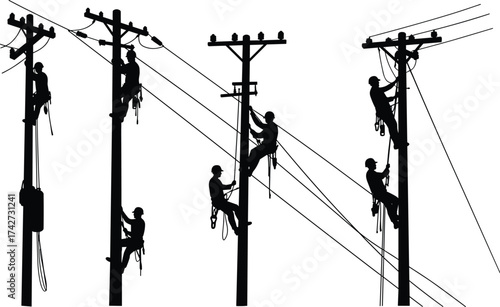 Silhouette utility workers climbing poles with safety harnesses, helmets, electrical equipment, teamwork maintenance scene, power lines, urban electricity infrastructure system