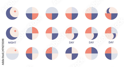 Collection of Flat Design Icons for Day and Night Cycles.