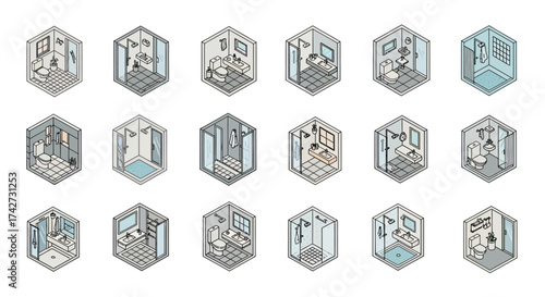 Collection of Hand Drawn Isometric Bathroom Illustrations.