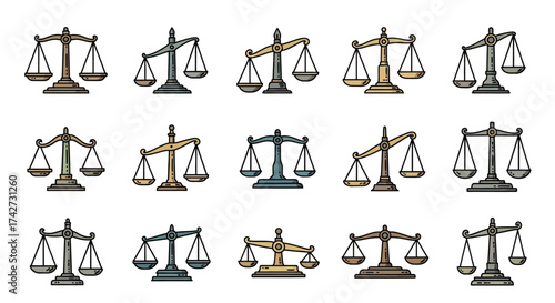 Collection of hand drawn scales of justice illustrations.