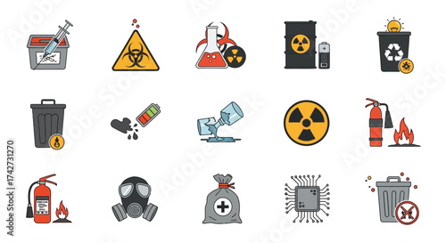 Collection of Hazardous Waste and Safety Icons.