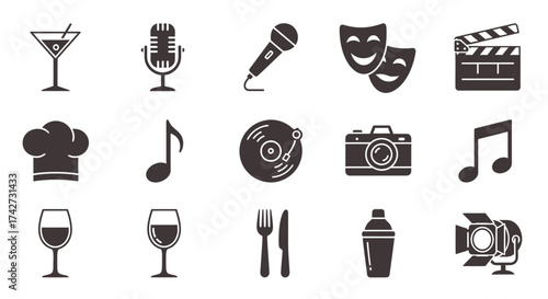 Collection of icons representing entertainment food and drink and arts.