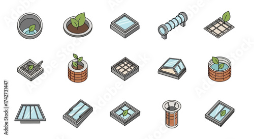 Collection of Isometric Icons for Hydroponics and Plant Cultivation.