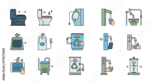 Collection of icons representing water conservation and recycling systems.