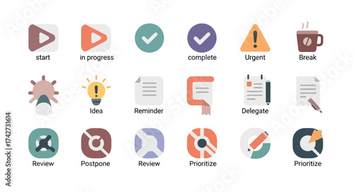 Collection of modern flat icons representing project management and workflow stages.