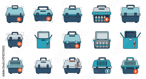 Collection of Pet Carrier and Animal First Aid Kit Icons.
