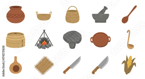 Collection of rustic kitchen utensils and cooking equipment.