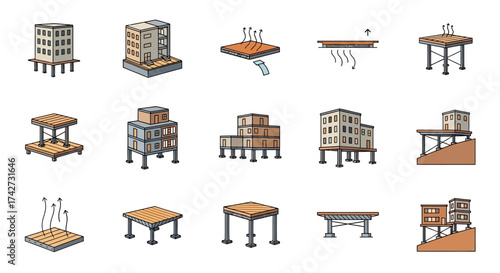 Collection of seismic base isolation building foundation illustrations.