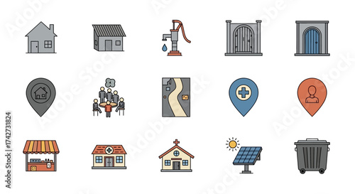 Collection of various community and location-based icons.