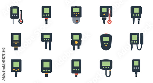 Collection of various digital temperature measuring devices in different designs.
