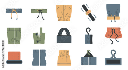 Collection of various clothing fasteners and accessories for apparel design.