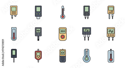 Collection of various digital and analog thermometers and measurement devices.