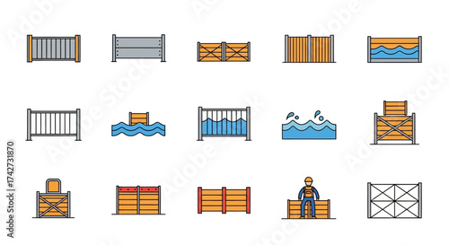 Collection of various fence and barrier icons for construction and security purposes.