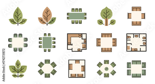 Collection of various dining table and chair arrangements with some leaf designs.