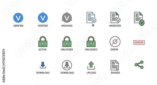 Collection of various icons representing different actions and states for digital interfaces.