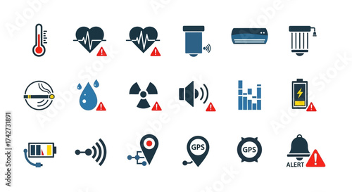 Collection of various icons representing different technological and environmental alerts.