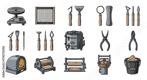 Collection of various pottery tools and equipment for ceramic art.