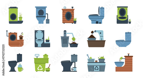 Collection of various toilet designs and styles for bathroom use and sanitation.