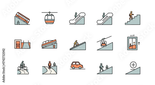 Collection of various transportation and movement icons on a white background.