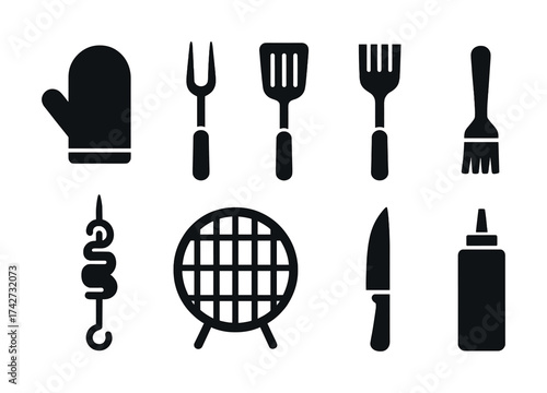 Vector Barbecue tool set icons: oven mitt, grill fork, spatula, skewer, grid